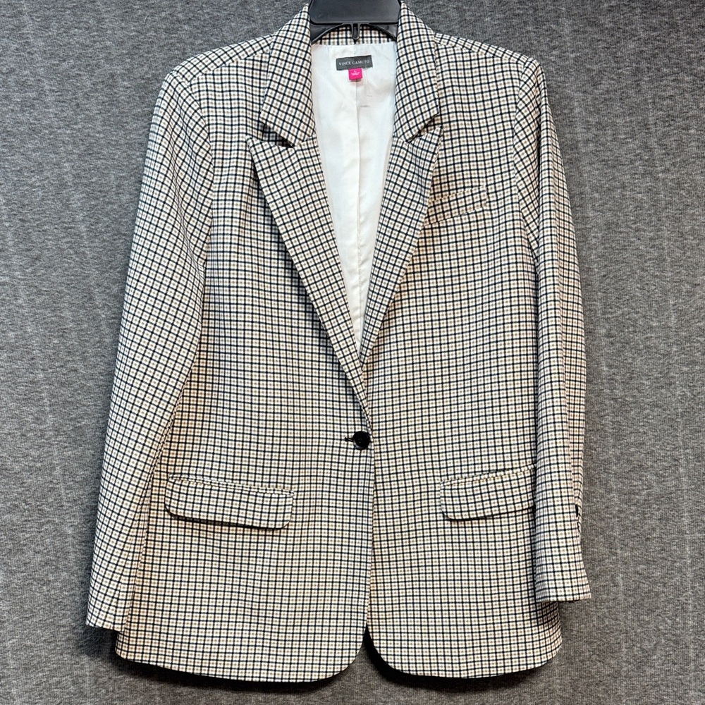 VINCE CAMUTO Black, Tan & White Checkered Blazer